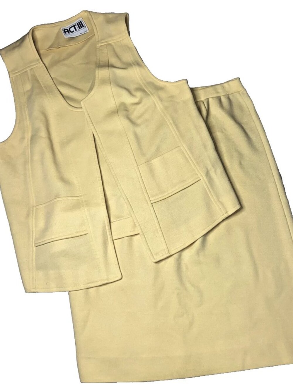 Vintage Yellow Wool Vest Skirt Set Womens Small Matching Retro Mod ACT II T